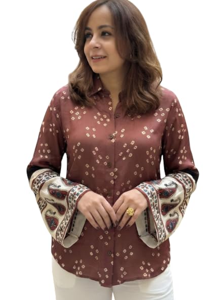 Women's Printed Shirt, Bell Sleeves with Embroidered Cuffs, Collared Neck, Button Front, Casual Ethnic Style-picture-49