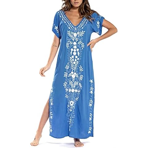 SMUDGE Life Kaftan Dresses for Women Swimsuit Cover Ups Beach Caftan Maxi Embroidered Dress Blue Cover