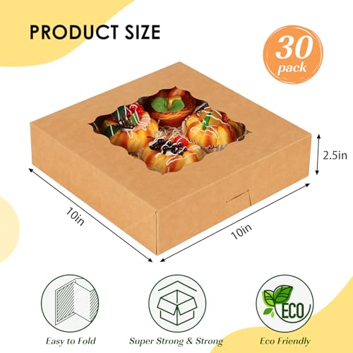 Image of TOMNK 30pcs Pie Boxes, 10x10x2.5 Bakery Boxes with Window, Auto-Popup Brown Bakery Boxes for Pies, Cookie Boxes Treat Boxes for Dessert, Donuts, Muffins