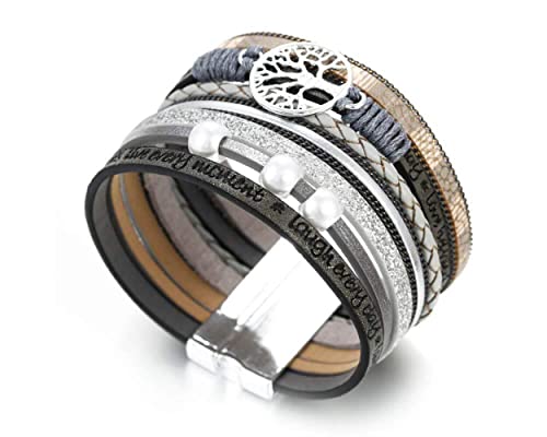 Image of Fesciory Leather Wrap Bracelets for Women, Boho Leopard Multi-Layer Crystal Beads Cuff Bracelet Jewelry