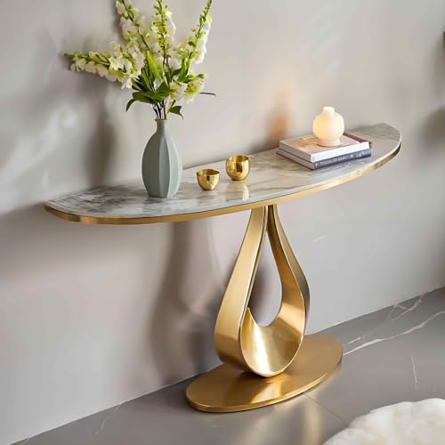 Mesa de entrada con tira de luz LED, mesa de acento estrecha para pasillo o detrás del sofá, diseño bohemio chic, acabado dorado, 150 cm de largo
