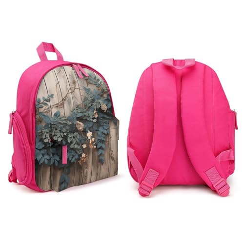 Leaves Floral on Rustic Wood Backpack Small Book Bag with Side Pocket, Lightweight Durable Backpack, Travel Rucksack, Pink-style4
