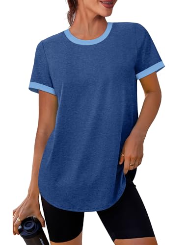 Image of Womens Workout Tops Summer Short Sleeve Shirts Athletic Color Block Gym Clothes Outfits Sun Protection UPF 50+ T Shirts