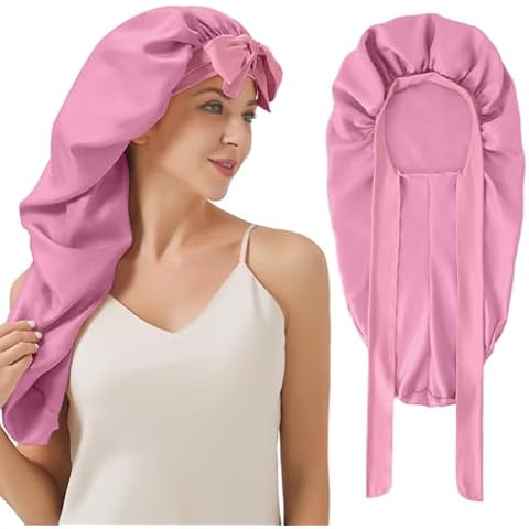 Long Satin Bonnet For Sleeping, Satin Lined Braid Bonnet With Elastic Band, Adjustable Long Strap Bonnets For Women Braids(Rose Pink) showercap Cover