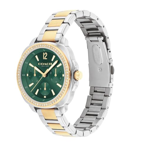 Image of Coach Kitt Qtz Multifunction Green Tonneau Dial Women's Watch|Two Tone Stainless Steel Material|Silver Color Band - 14504394