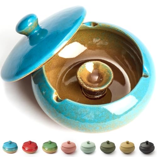 Ashtray with Lid for Outside Patio, Windproof Ash tray, Ceramic Smokeless Ashtray for Outdoor Home Office Tabletop Patio Outdoor Balcony, Blue