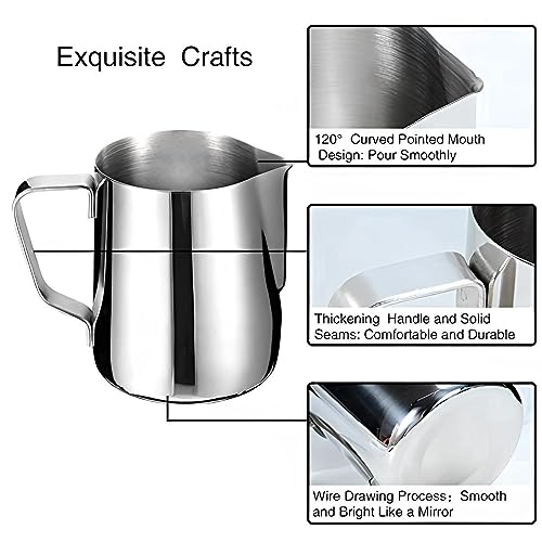 Homepixi Milk Frothing Pitcher (600ML) with Coffee Art Needle, 304 Stainless Steel Espresso Coffee Pitcher for Latte Art, Jug for Milk Frothing, Barista Tools for Cappuccino & Coffee