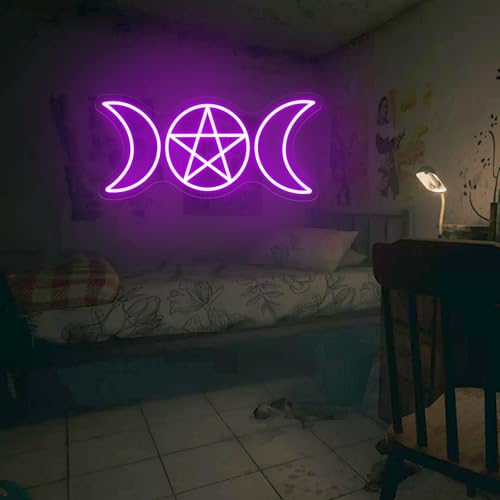 Image of Pentagram Triple Moon Neon Sign Gothic Hanging LED Light Wiccan Gift | USB Powered Dimmable Triple Goddess Wall Sign Decor Wiccan Neopagan Witch Decoration 16.5 inchx7.9 inch
