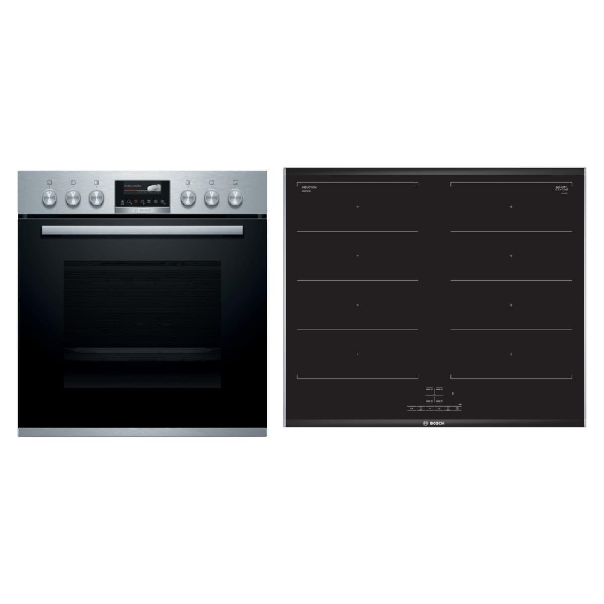 Bosch HND779LS61 Einbau Herdset mit Induktionskochfeld (HEG579CS6 + NXX675CB5E), 60 cm breit, 71 L, Grill, Kindersicherung, Home Connect, Timer, Edelstahl