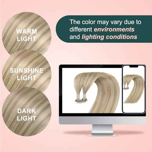 Image of Easyouth Nano Hair Extensions Human Hair Blonde Nano Ring Hair Extensions Human Hair Highlight Ash Blonde and Blond Nano Loop Hair Extension Comfortable 24 Inch 50G 50S Invisible Nano Extension Remy