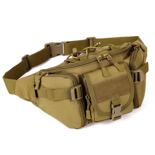 Huntvp Taktische Gürteltasche Sport Hüfttasche Molle Bauchtasche Wasserabweisend mit Reißverschluss für Outdoor Laufen Reise Wandern Radfahren Camping, Braun-L