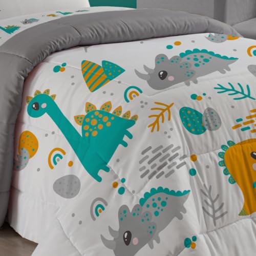 Edredom Solteiro Infantil Estampado Percal 200 Fios Peletizado 03 Peças Dino Cobertor Coberta Quarto