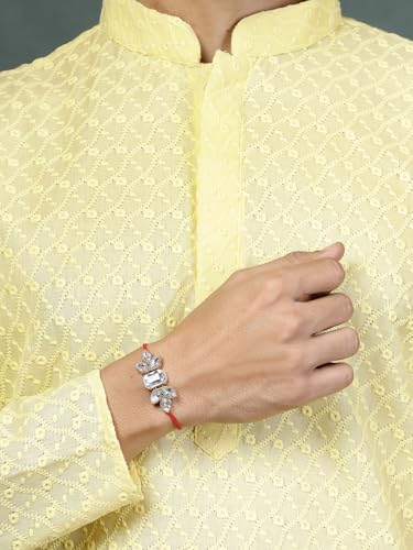 Image of Sukkhi Elegant Kundan Designer Gold Plated Premium Rakhi for Brother, Roli Chawal & Greeting Card | Combo-Set of 2