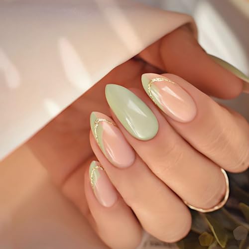 Spring Almond Press on Nails Green Fake Nails Glod Line French Ti...