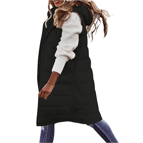 Womens Long Puffer Vest Quilted Hooded Zip Up Sleeveless Vests Jackets Padded Fall Winter Jacket Coat