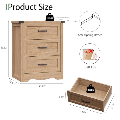 Image of Nightstand with 3 Drawers, 24 inch Wide Farmhouse Bedside End Table, Rustic Wood Side Table Night Stand with Mental Handle, Tall Modern Small Dresser Chest of Drawers for Bedroom, Living Room, Dorm, Oak