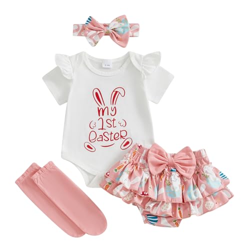 My First Easter Baby Girl Outfit Bunny Short Sleeve Romper+Ruffle Skirt+Headband+Socks Newborn Spring Clothes Set (White, 9-12 Months)