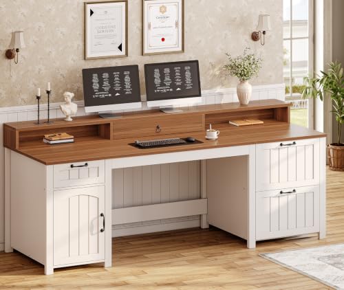 Image of SEDETA Farmhouse 63 inch Executive Desk, Home Office Desk with File Drawer and Monitor Stand, Computer Desk with Drawers and Storage Cabinet, Wood Desk for Work Study Writing, White Brown