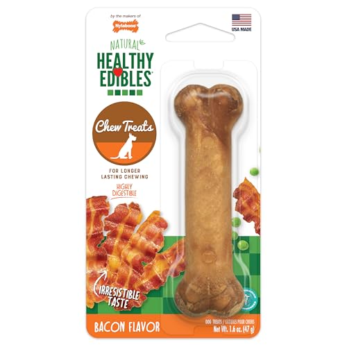 Image of Nylabone Healthy Edibles Dog Treats, Bacon Flavor, Small | Natural dog chew bones, made in USA, highly digestible, vet recommended, long lasting chews for small dogs up to 25 lbs