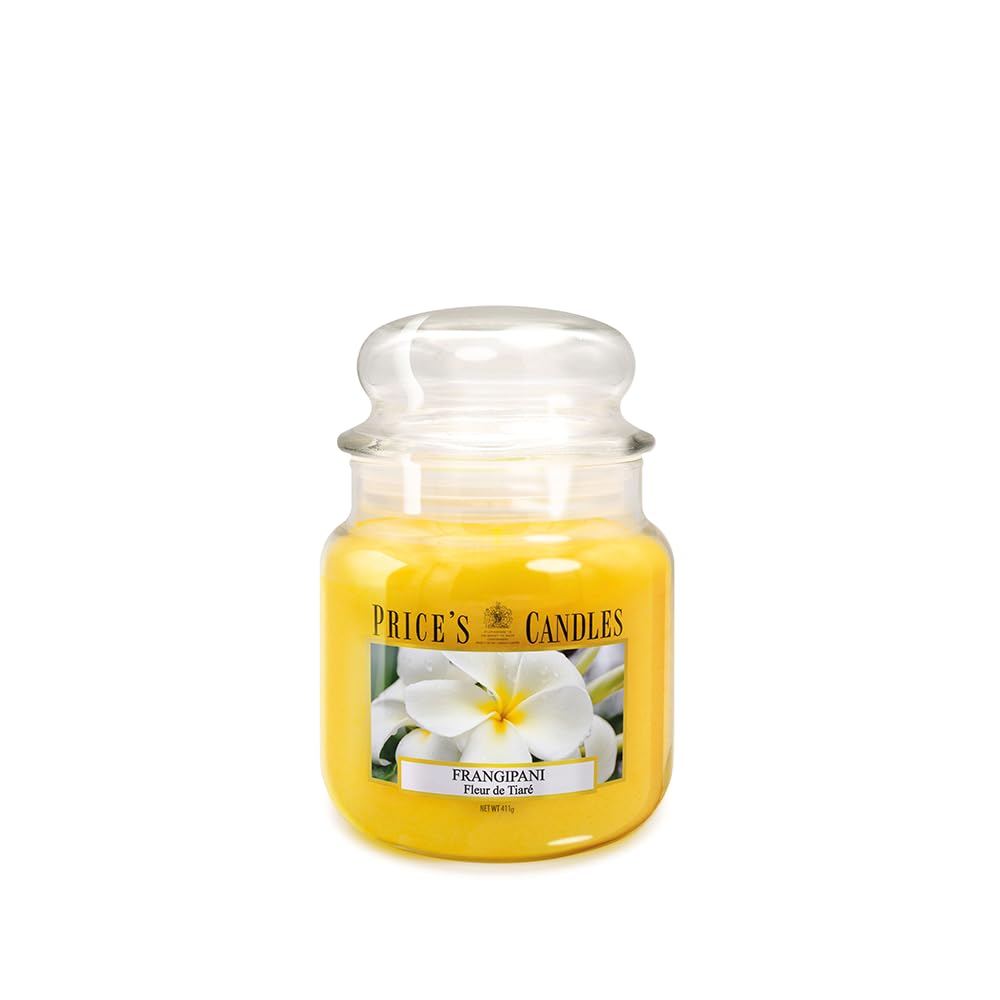 Price's Candles Frangipani Medium Jar Candle Long Burning Tropical Floral Jasmine Scented Wax Candle Glass Home Fragrance Relaxing Exotic Ambient Décor