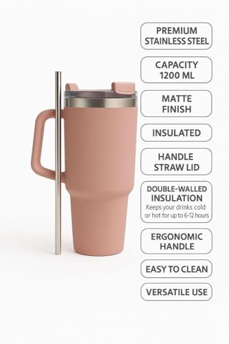 Image of Digital Wave 1200ML Stainless Steel Tumbler with Handle & Straw, Double-Wall Vacuum Insulated, Leak-Proof Travel Sipper