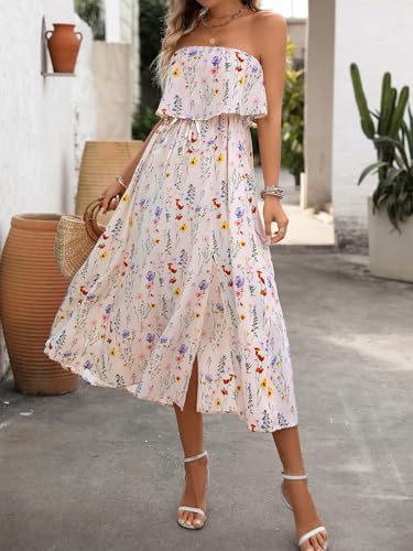 Image of Women's Ruffle Floral Maxi Summer Casual Dress Off Shoulder Wedding Guest Slit Hem Beach Prom Dresses