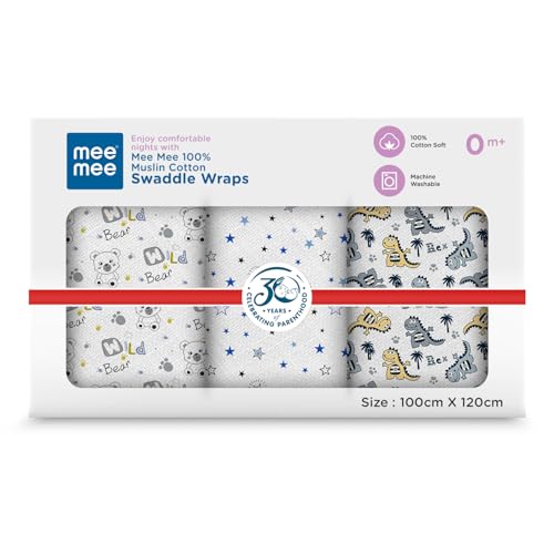 Image of Mee Mee Cotton Muslin Swaddle Wraps - Pack of 3, 100x120 cm | Gentle, Skin-Friendly & Lightweight | Baby Blanket, Nursing & Stroller Cover for Newborns