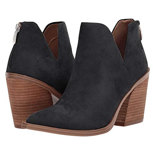 Fisace Womens Pointed Toe Stacked Mid Heel Ankle Boots V Cut Back Zipper Faux Leather Booties #TOP1