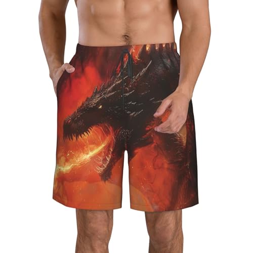 Dragon Breathing Fire Fantasy Dark Black Men's Quick Dry Swim Shorts, Mesh Lined Beach Trunks with Pockets4
