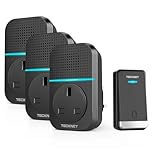 TECKNET Self-Powered Doorbell with 3 Receivers, IP65 Waterproof 1300ft Wireless Doorbell with 60 Chimes 5 Volume Levels, No Battery Required Plug in Boor Bell Kits with LED Light Flash for Home,Black