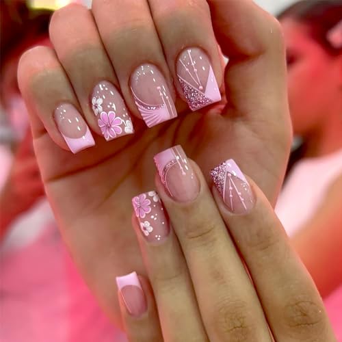 24Pcs Pink French Tip Press on Nails Short Square Fake
