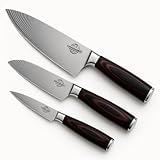 OmniMarket Juego de Cuchillos Cocina 3 Piezas – Cuchillo Chef, Santoku y Pelador – Acero Inoxidable Diseño Damasco – Corte Preciso, Mango Ergonómico y Estilo Profesional