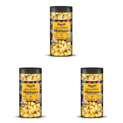 Image of Happilo Premium Makhana Chilli Garlic Jar 80g | Roasted Foxnuts, Phool Makhana | Healthy Snacks | Low Calorie, Vegan, Spicy & Tasty (Pack of 3)