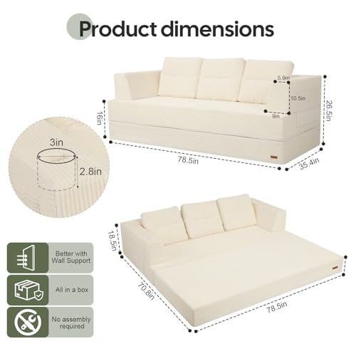 Image of COMAX Futon Sofa Bed, Convertible Sofa Bed, Folding Boneless Couches | Boneless Couch for living room, Fold Out Small Foldable Loveseat Floor Sleeper Mattress Lounge Space‑Saving, Queen 79 inch