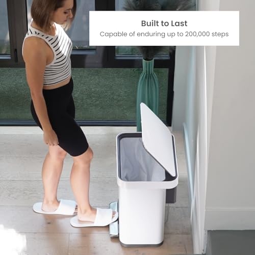 Home Zone Living 13 Gallon Stainless Steel Kitchen Trash Can with Slow Closing Lid and Wide Opening, Virtuoso Collection, White