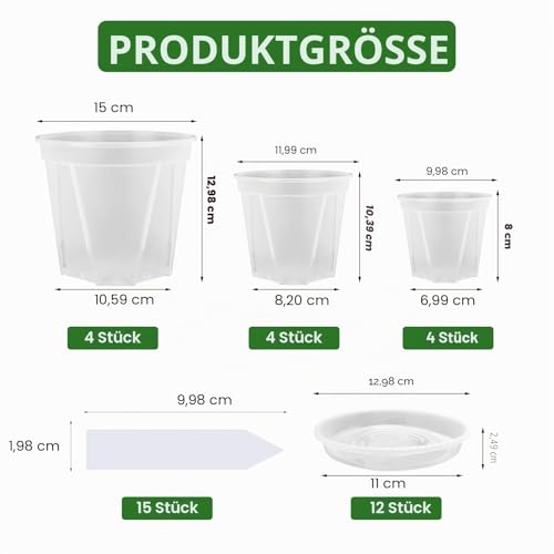 YALIOURS Durchsichtige Pflanzentöpfe für Pflanzen, 12Pack 10/12/15 cm Kunststoff-Pflanztöpfe mit Entwässerungslöchern, Gartentöpfe für Pflanzen Blumen mit 12Pack Trays und 15pcs Pflanzenetiketten