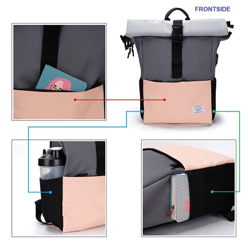 MoFut Rucksack Damen Groß Schulrucksack viele Fächer mit 15,6' Laptopfach, Unisex Rolltop Rucksack Wasserdicht, Lässiger Backpack Schule Freizeit Uni Arbeit Wandern.