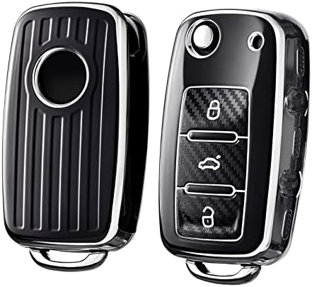 OATSBASF Car Key Cover Compatible with VW,Key Protective Case for VW Golf 4 5 6 Polo Skoda Seat TPU Silicone 3 Buttons Box (Rose gold-Stripe)
