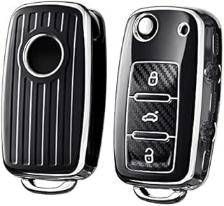OATSBASF Car Key Cover Compatible with VW,Key Protective Case for VW Golf 4 5 6 Polo Skoda Seat TPU Silicone 3 Buttons Box (Rose gold-Stripe)