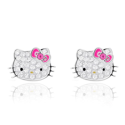 Sanrio Hello Kitty Womens Clear Crystal Stud Earrings - Silver Plated Hello Kitty Earrings Officially Licensed