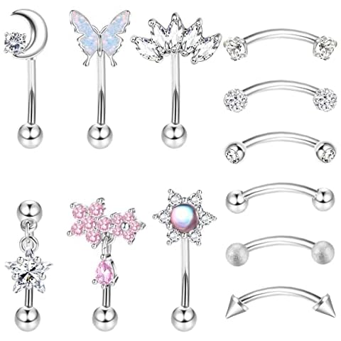 Drperfect 12Pcs Rook Daith Earrings 16G Hypoallergenic Stainless Steel Curved Barbell Eyebrow Rings For Women Men, cubic-zirconia Cover