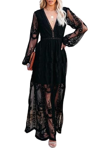 Image of LRISES Womens V Neck Floral Embroidered Lace Wedding Maxi Dress Boho Short Sleeve Slit Bridesmaid Evening Party Dresses