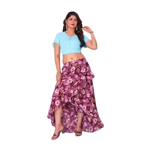 Image of JYESHTA Floral Print American Crepe Wrap Skirt with Ruffle Hem, Elastic Waistband (M, Flower Pink)