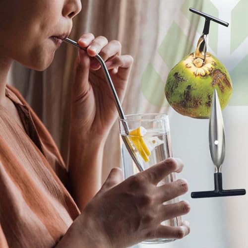 Image of Stainless Steel Coconut Opener Tool + Metal Drinking Straws Set (4-Piece) | Eco-Friendly, Reusable, Food Grade, Portable with Cleaning Brush & Pouch | for Coconut Water, Juice, Smoothie