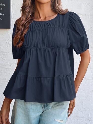 Image of Tankaneo Womens Puff Sleeve Peplum Babydoll Tops Summer Flowy Pleated Cotton T-Shirts Casual Loose Fit Cute Blouse
