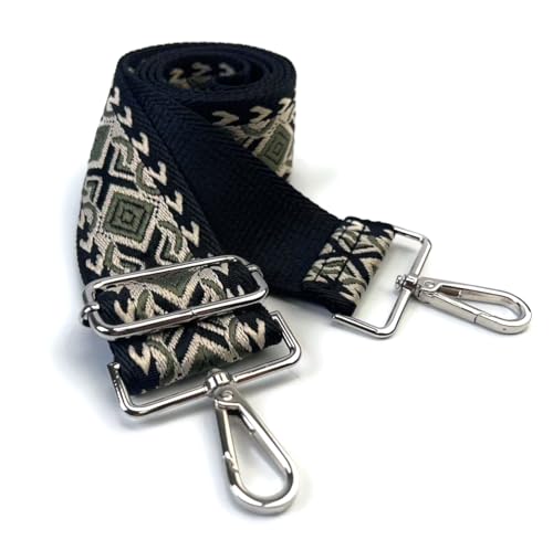 Image of Black Olive Green Boho Diamond Purse Strap with Silver Hardware 2 Inch Wide Replacement Crossbody Guitar Style Shoulder Strap for Handbags Totes