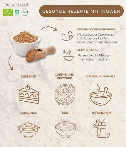 FRISAFRAN | Ingwer Gemahlen BIO | Ingwerpulver | 200g | Ingwerpulver naturrein | Ohne Zusätze | vegan | Getrockneter Ingwer | Ingwer Bio Pulver | Ingwer Gewürz | Ingwer Gemahlen | Gemahlener Ingwer