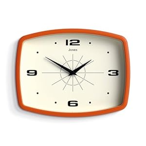 JONES CLOCKS® Movie Wanduhr | Retro rechteckige Uhr | 25cm | Orange | Cooler Designer-Look für Küche, Wohnzimmer oder Büro