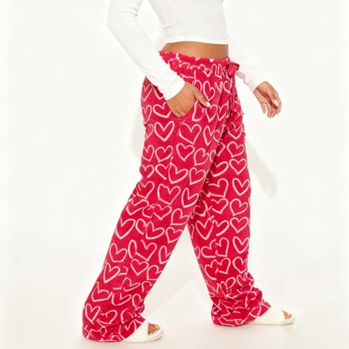 Image of Valentine's Day Flannel Pants Women's Romantic Heart Print Elastic Drawstring Waistband Wide Leg Loose Fit Trousers