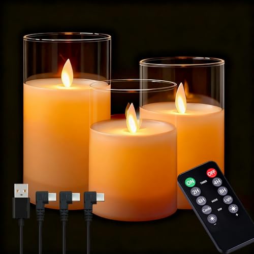 NICE POINT Bougies LED Rechargeables Flamme Vacillante Sans Fil, Télécommande Minuterie 2/4/6/8h, 5 Luminosités, Lot de 3 Bougies en Verre Transparent Blanc, Décoration Noël Sapin Table